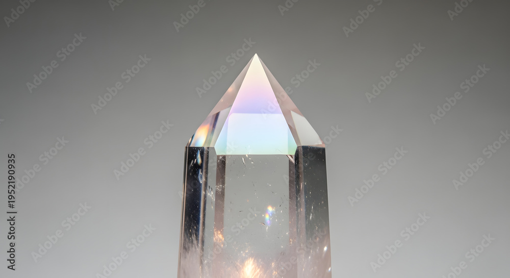 Fototapeta premium A close-up view of a polished clear quartz crystal, showcasing its geometric facets and iridescent light refractions