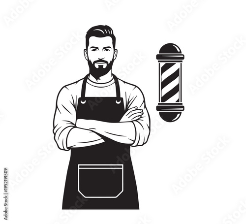 Skilled male barber with a stylish beard and apron, confidently posing next to a vintage barber pole, embodying professional hair care and traditional grooming services