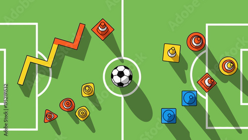 Illustration of soccer field markings with cones and a ball