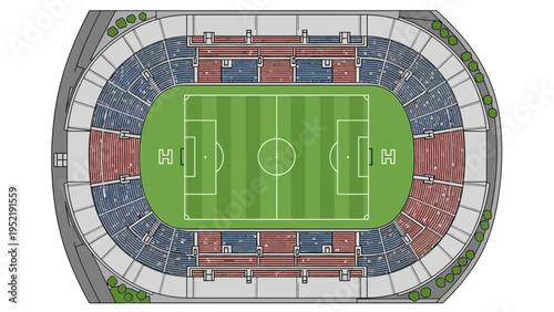 Aerial view of a large, modern sports stadium with a green pitch and spectator seating
