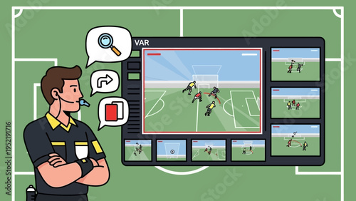 Football referee using VAR technology to review gameplay and make decisions