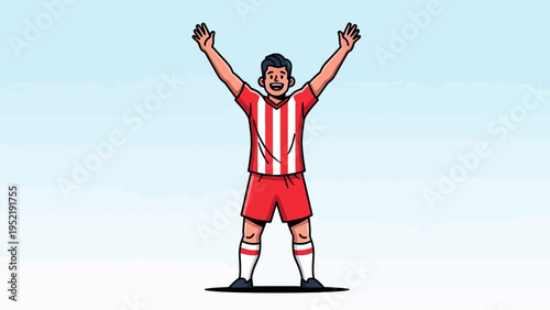 A happy soccer player with arms raised in victory, celebrating a goal with a joyful expression