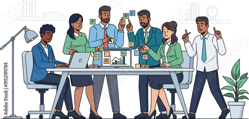 Diverse Business Team Brainstorming with Sticky Notes and Laptop for Project Management Agile