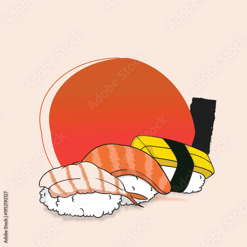 Japanese Sushi Illustration with Red Sun Background
