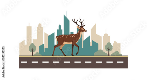 Deer walking on city road side. Vector Illustrations. EPS Editable