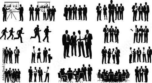 Large set of professional business people silhouettes presenting meeting running and collaborating in various office scenes for corporate leadership designs