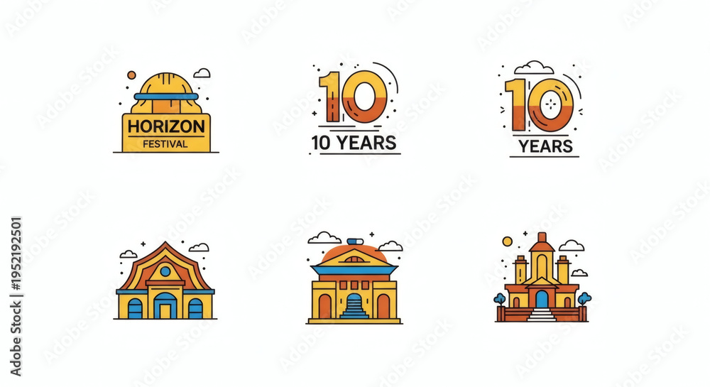 Naklejka premium Colorful Festival and Building Logos with 10 Year Anniversary Icons