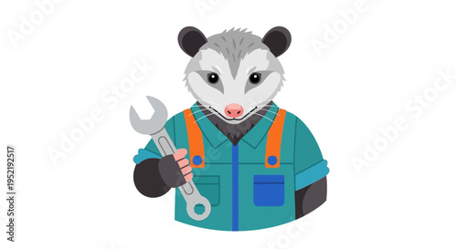 Opossum wearing a jumpsuit with wrench. Vector Illustrations. EPS Editable