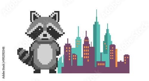 Pixel art raccoon in city. Vector Illustrations. EPS Editable