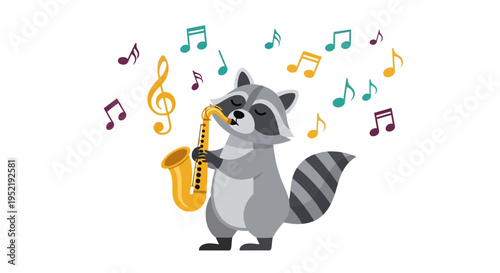 Raccoon playing a saxophone musically. Vector Illustrations. EPS Editable