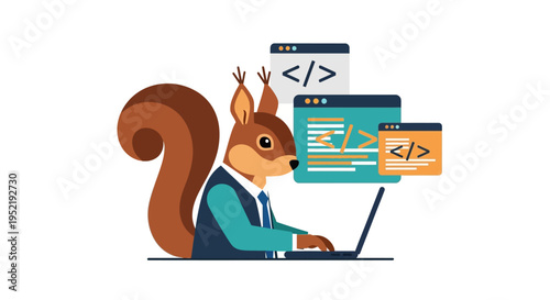 Squirrel wearing suit using laptop computer. Vector Illustrations. EPS Editable