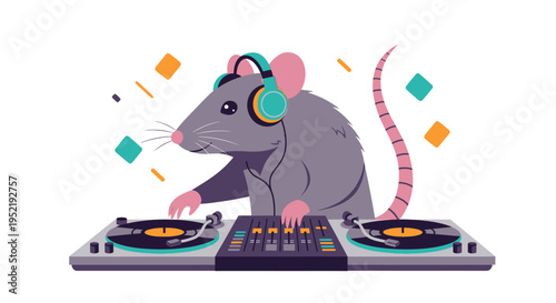 A mouse wearing headphones on turntables. Vector Illustrations. EPS Editable