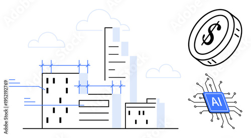 Technology, urban development, smart cities, financial innovation, automation, artificial intelligence. buildings, a coin and AI chip. Technology and smart city infrastructure ideas