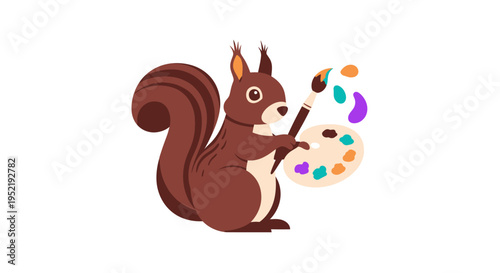 Brown Squirrel Holding Paintbrush Palette. Vector Illustrations. EPS Editable