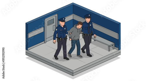 Law Enforcement Officers arresting a suspect in a police station holding cell