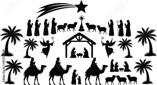 Nativity Scene Silhouette Vector Mega Pack with Holy Family Three Wise Men Angels Shepherds Animals Palm Trees and Bethlehem Star Elements