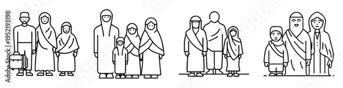 Black and white line drawing of diverse Muslim families standing together