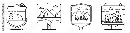 vector outline of scenic landscapes set in badges for nature tourism