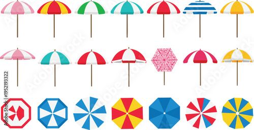 colorful beach umbrellas collection, summer parasol icons, sunshade umbrella set, seaside vacation accessories, outdoor shade equipment illustration pack