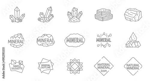 Mineral outline icons and crystal stone shapes for nature and geology branding