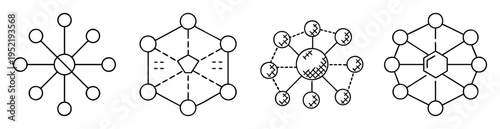 Abstract molecular structures featuring circles, polygons, connecting lines and decorative crosshatch patterns
