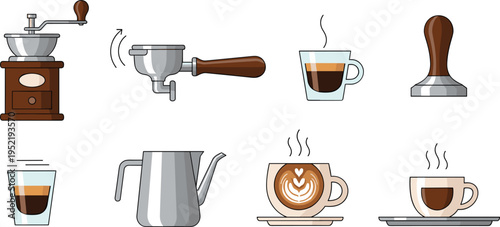 Coffee Brewing Equipment Set with Grinder Portafilter Tamper Kettle Espresso Cups and Barista Tools Vector Illustration Collection
