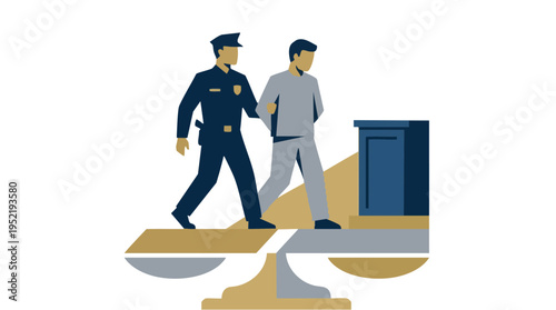 Police Officer Leading Suspect Across a Scale of Justice in Legal Law Enforcement Scene