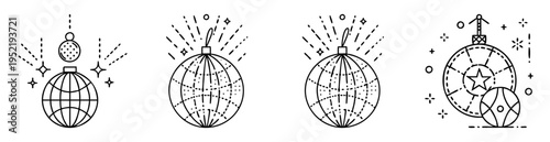 Linear drawings of festive disco ball decorations and celebratory sparkles