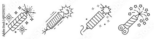 Collection of simple black and white line drawings of exploding fireworks