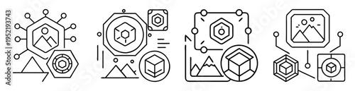 Abstract network representations of data visualization and geometric figures in black and white