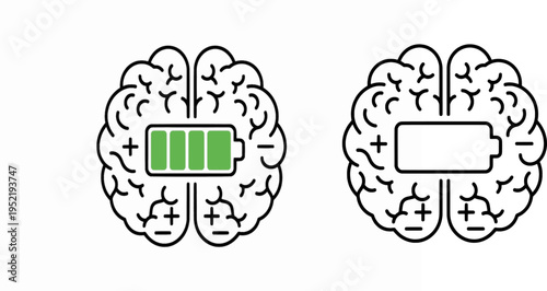 Productivity and mindfulness brain energy status vector, "Created with AI assistance and manually refined."