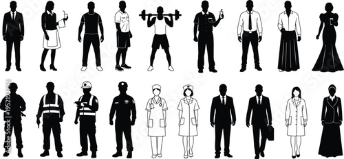 People Profession Silhouette Vector Set Featuring Diverse Occupations Like Doctor Nurse Soldier Construction Worker Business Professional Athlete Waitress And Police Officer