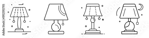 Four modern table lamps depicted as black and white line art