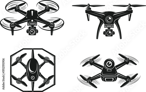"Set of four unique quadcopter drone illustrations featuring modern aerial photography designs, compact frames, and innovative camera mounts for surveillance, videography, and recreational flying"