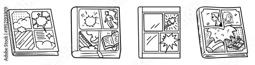 Monochromatic illustrations of comic books with different themes and styles represented