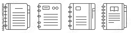 Black and white line drawing illustration of four spiral bound notebooks