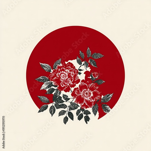 A minimalist design featuring black and white flowers and leaves centered within a bold red circle on a cream background.