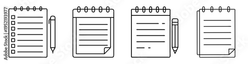 Four different notepad illustrations in black and white line art style