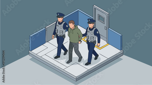 Security officers escorting a suspect in a modern security checkpoint or detention area