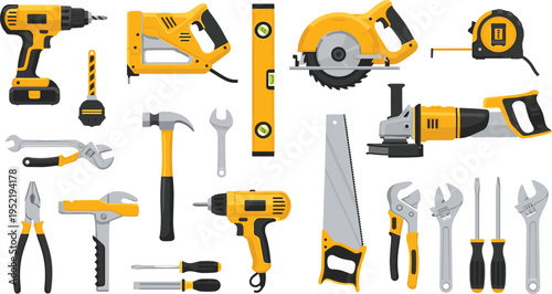 Construction tool set illustration, power tools and hand tools collection isolated on white background for repair workshop equipment concept vector