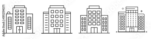 Four unique black and white building outlines with various architectural styles