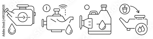 Four icons illustrating process, maintenance, or instruction about lubrication or liquid usage
