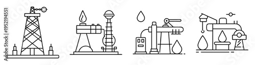 Set of four simple outline icons depicting oil drilling and processing industries