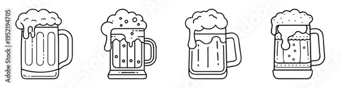 Four stylized beer mugs with overflowing foam in black and white outline