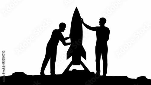 Silhouette of two men launching a rocket together in business teamwork concept
