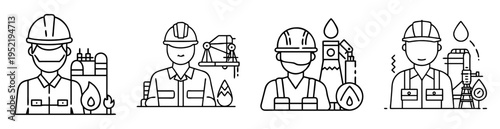 Black and white line art illustration featuring oil and gas industry workers