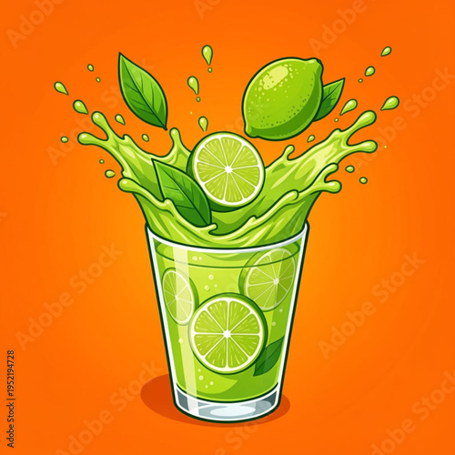 Cartoon image of a glass of lime juice with splashes and slices