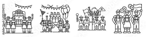 Line art depicting four different parade scenes with people and decorations