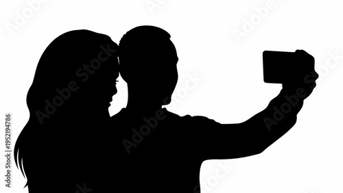 Black silhouette vector of couple taking selfie together smiling and happy