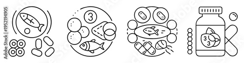 omega 3 fatty acids supplement capsules and pills line art illustration